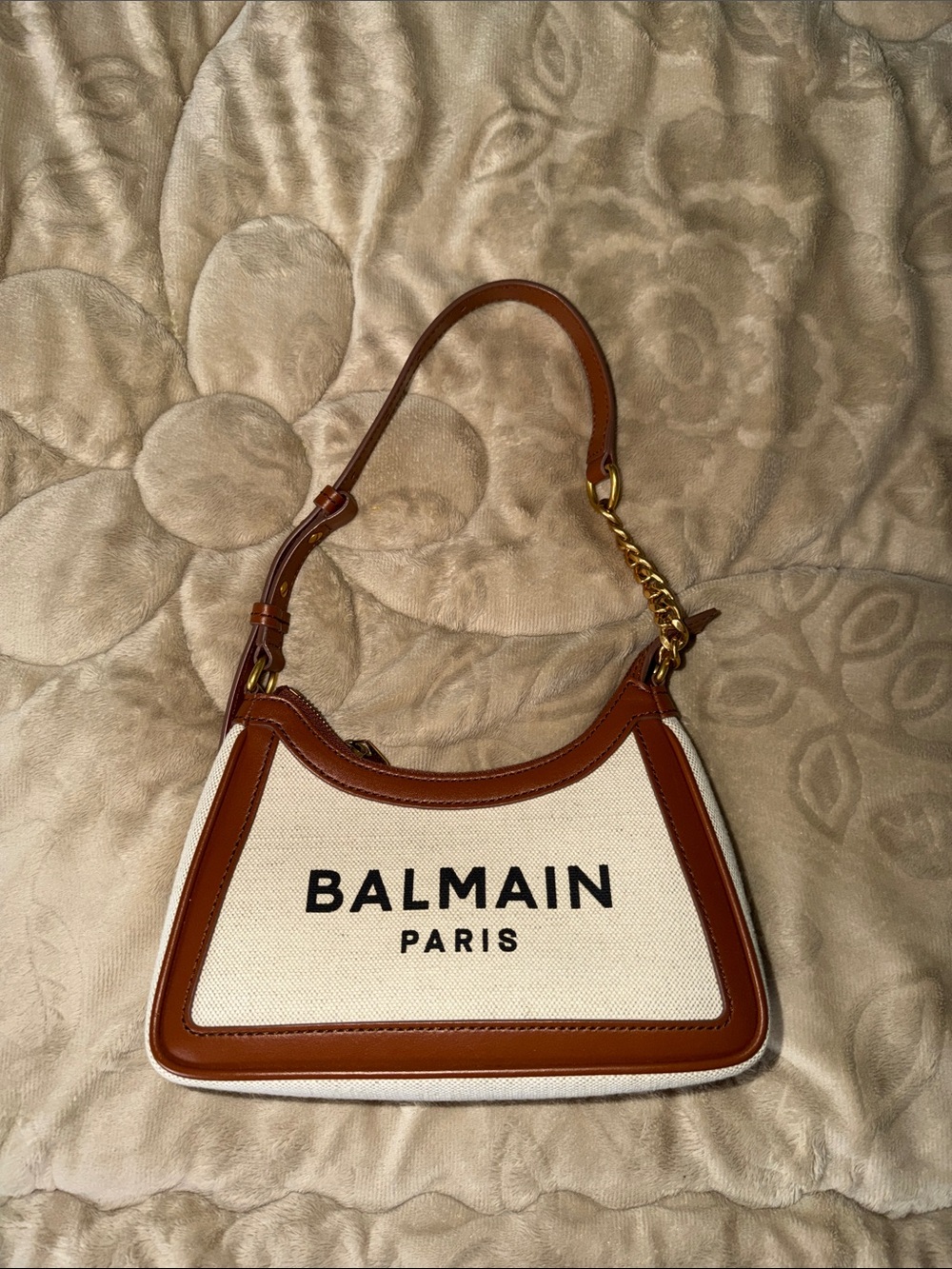 Balmain Cream Canvas Shoulder Bag with Brown Leather Trim